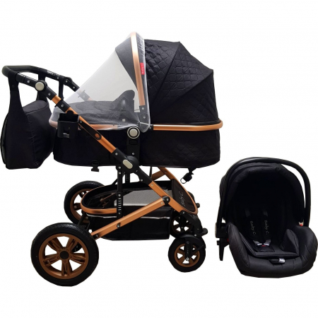 Carucior nou nascuti 3 in 1 Baby Care™  Geanta Bebe Landou, Scoica Auto, Plasa Insecte, Negru [3]