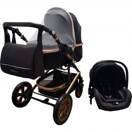 Carucioare nou nascuti - Carucior nou nascuti 3 in 1 Baby Care™  Geanta Bebe Landou, Scoica Auto, Plasa Insecte, Negru