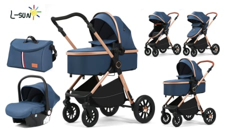 Carucioare 3 in1 - Carucior 3 in 1 Transformabil cu Scoica, Reversibil, 0-36 luni Albastru