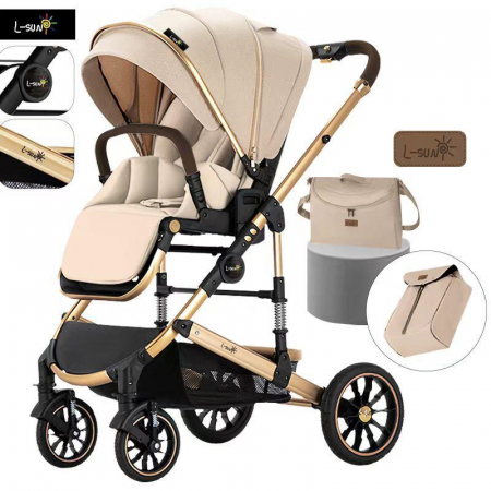 Carucior Bebelusi 2 in 1 Bej cu Husa de Picioare si Geanta [1]