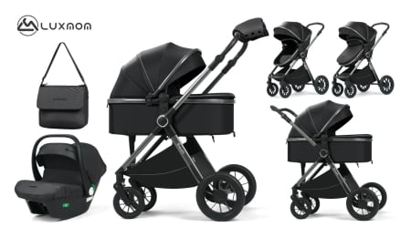 Carucioare 3 in1 - Carucior Bebelusi 3 in 1 Luxmom Negru – Landou, Sport, Scoica Auto