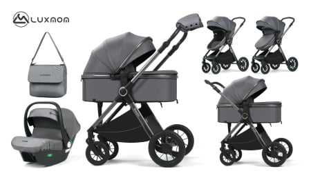 Carucioare 3 in1 - Carucior Bebelusi 3 in 1 Luxmom Gri – Landou, Sport, Scoica Auto