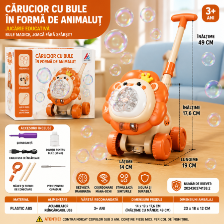 Jucarii exterior - Jucarie Bule Sapun Leu LED USB, Maner 49cm, 3 Ani+