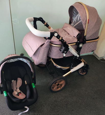 Carucioare nou nascuti - Carucior nou nascuti 3 in 1 Baby Care™  Geanta Bebe Landou, Scoica Auto, Plasa Insecte, Mov Deschis
