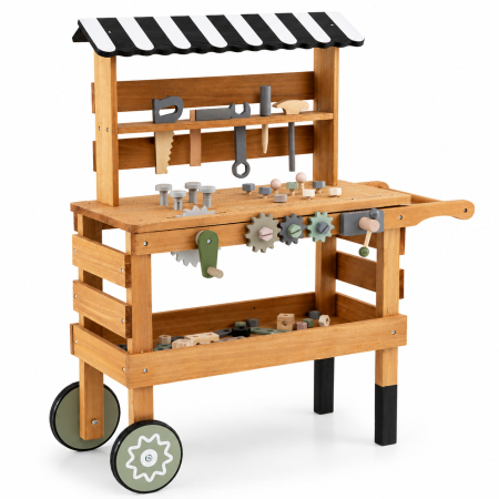 Jucarii din Lemn & Montessori - Carucior de Scule 2 in 1 pentru Copii, Set Constructii, Maro