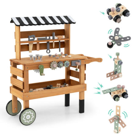 Carucior de Scule 2 in 1 pentru Copii, Set Constructii, Maro [4]