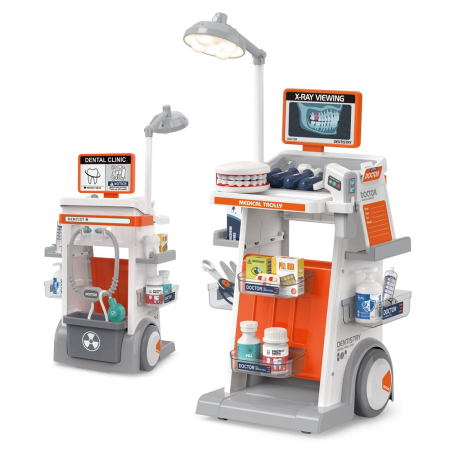 Set scule - Truse doctor copii ( 3 ani +) - Carucior Doctor Stomatolog pentru Copii cu Lumina si Sunet – Set Medical de Joc Portocaliu