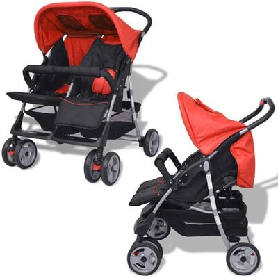 Carucioare sport - Carucior Dublu pentru Copii, Pliabil, Spatar Reglabil, Roti 360° – Rosu & Negru