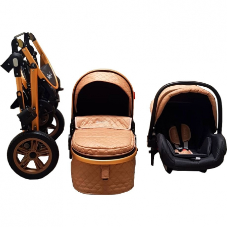 Carucior nou nascuti 3 in 1 Baby Care™  Geanta Bebe Landou, Scoica Auto, Plasa Insecte, Bej [2]