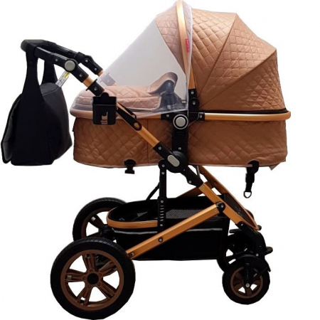 Carucior nou nascuti 3 in 1 Baby Care™  Geanta Bebe Landou, Scoica Auto, Plasa Insecte, Bej [1]