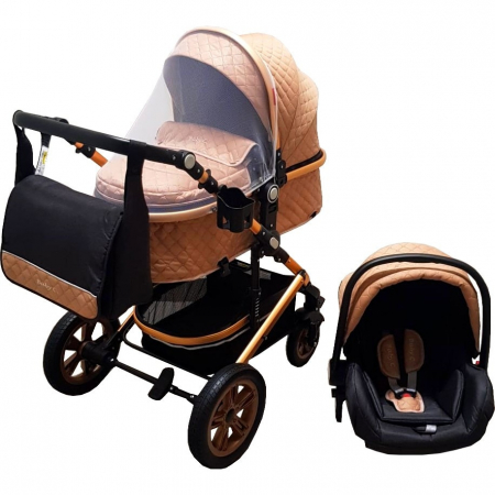 Carucioare nou nascuti - Carucior nou nascuti 3 in 1 Baby Care™  Geanta Bebe Landou, Scoica Auto, Plasa Insecte, Bej