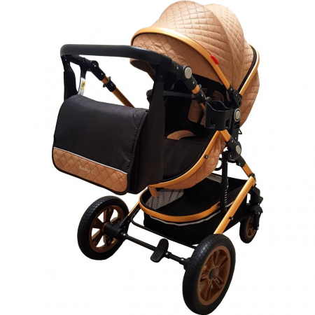 Carucior nou nascuti 3 in 1 Baby Care™  Geanta Bebe Landou, Scoica Auto, Plasa Insecte, Bej [3]