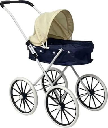 Jucarii - Carucior Papusi Retro Clasic Bej-Albastru, Roti Spite, 57×33×65 cm