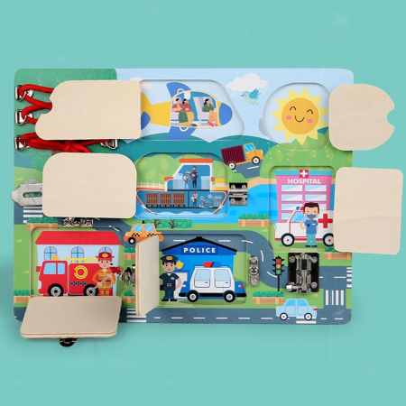 Jucarii Senzoriale - Puzzle Educativ Lemn Busy Board Urban – Vehicule si Profesii
