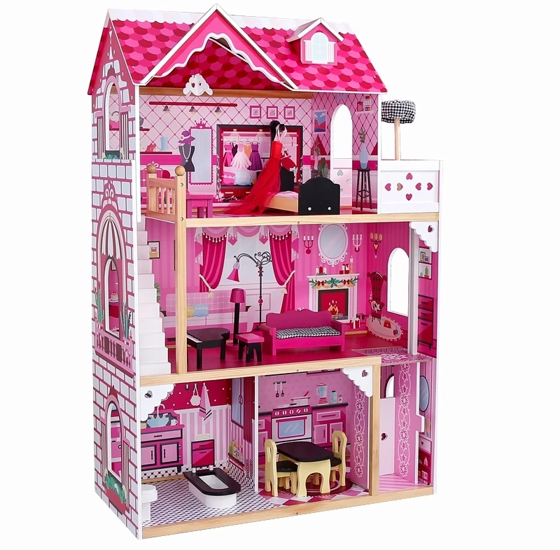 Papusi -Casute- Masute infrumusetare ( 3 ani +) - Casuta Papusi Mare din Lemn 3 etaje cu Mobila - Pink Vila