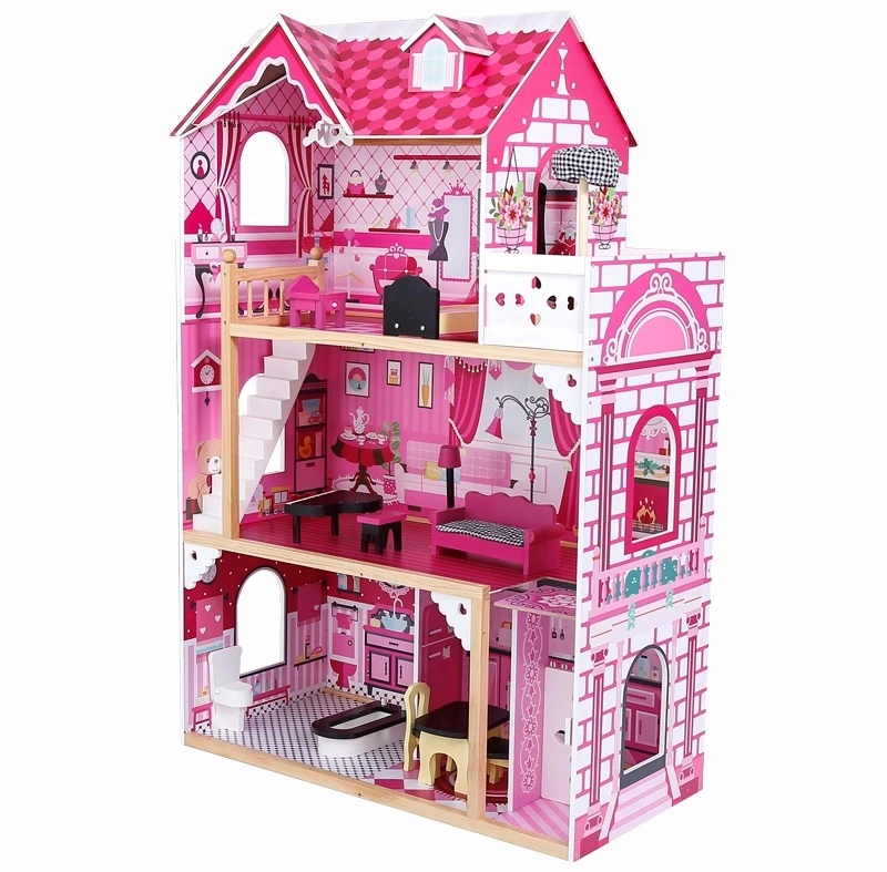 Casuta Papusi Mare din Lemn 3 etaje cu Mobila - Pink Vila [1]