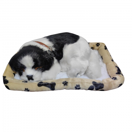 Jucarii din Plus - Mascote din Plus(3 ani +) - Catelus de plus alb cu negru, realist care doarme