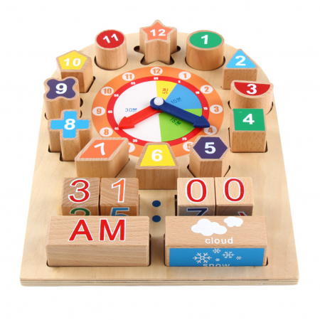 Table educative (3 ani +) - Ceas Lemn Ursulet multifunctional cu vreme si forme geometrice
