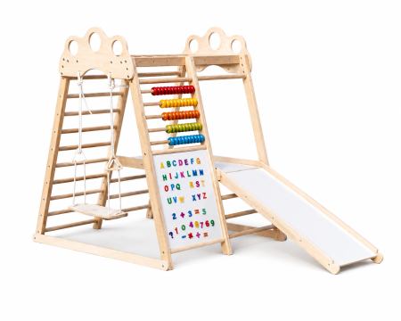 Jucarii din Lemn & Montessori - Centru de Joaca din Lemn cu Leagan, Tobogan si Abac