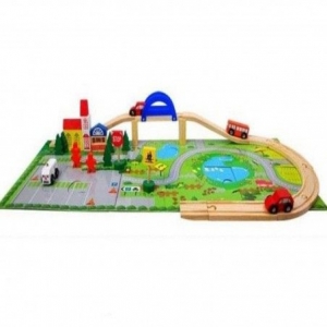 Masinute si Trenulete (3 ani+) - Circuit  din Lemn cu Masinute din Lemn si covoras puzzle