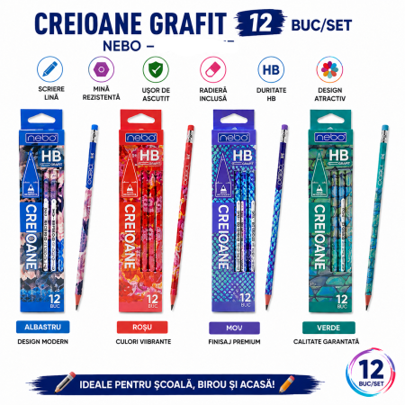 Accesorii de Scoala - Creioane Grafit HB, 12 buc/set, Design Ergonomic, Nebo