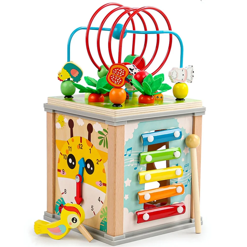 Cuburi din lemn (18 Luni +) - Cub de Activitate din Lemn - Jucărie 7 în 1 Montessori
