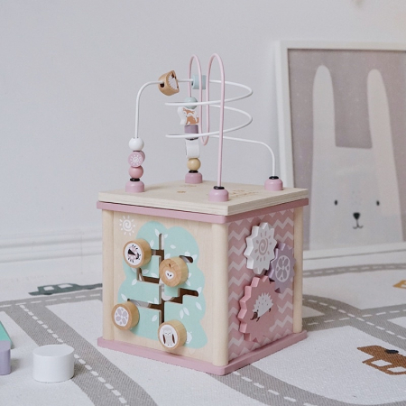 Jucarii din lemn si Montessori - Cub Educativ din Lemn 5 in 1 Pastel Nunukids