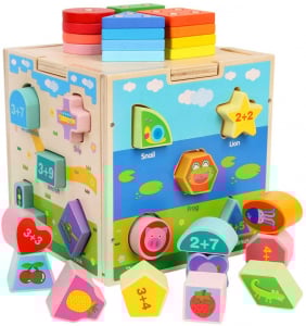 Jocuri educative (3 ani +) - Cub din lemn educativ sortator si stivuire cuburi  5 in 1