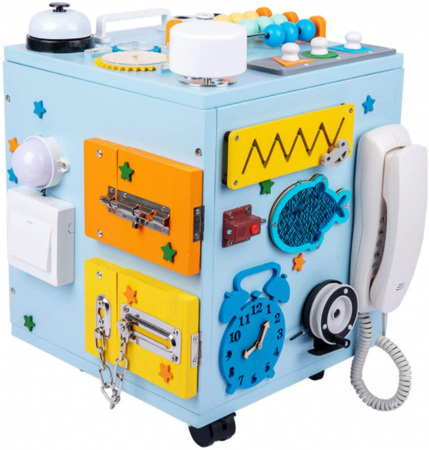 Masute cu activitatii - Centru de activitatii multifunctional montessori Cub Busy Box senzorial cu inchizatori