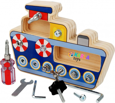 Jucarii din lemn si Montessori - Joc Lemn Banc de lucru Montessori Busy Board Vaporasul cu Suruburi