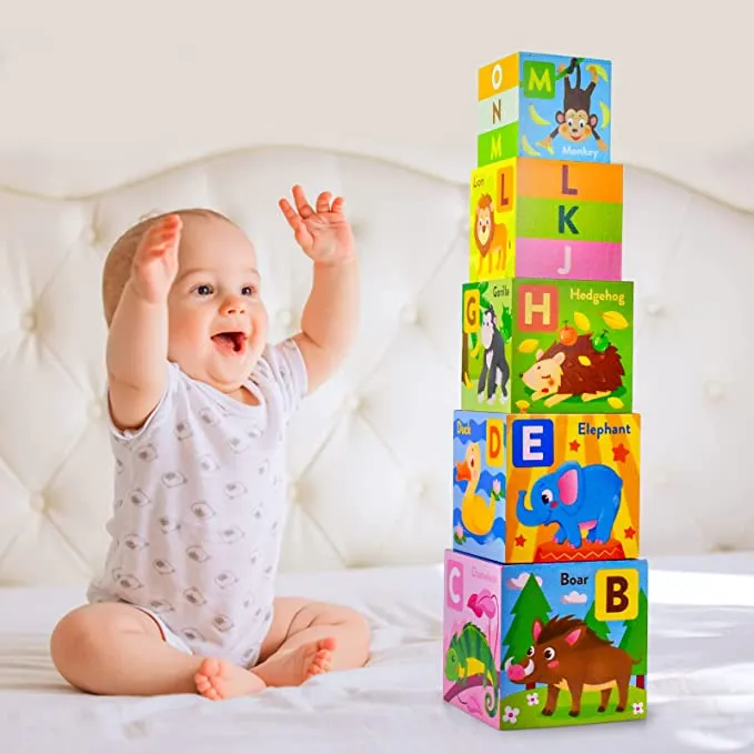 Set 10 Cuburi din Lemn de Stivuit Montessori Animale si Litere [4]