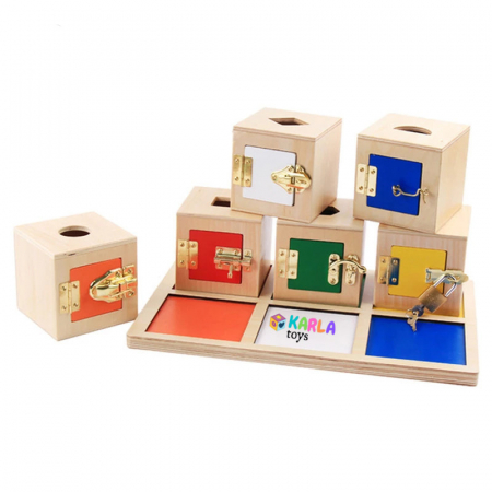 Cuburi din lemn (18 Luni +) - Cuburi Montessori din Lemn cu Incuietori si Forme Geometrice - Busy Board Educativ