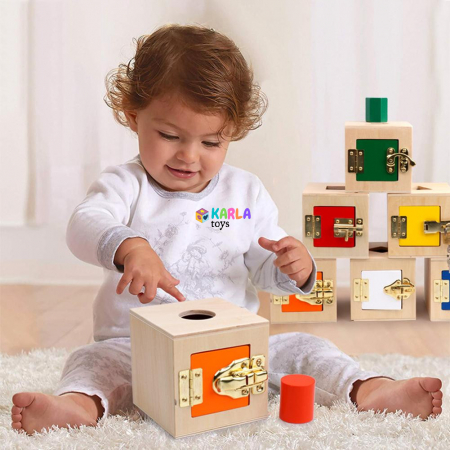 Cuburi Montessori din Lemn cu Incuietori si Forme Geometrice - Busy Board Educativ [2]