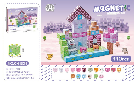 Jocuri creative (3 ani +) - Blocuri Magnetice de Constructie 110 Piese, Castel Roz, Cuburi STEM