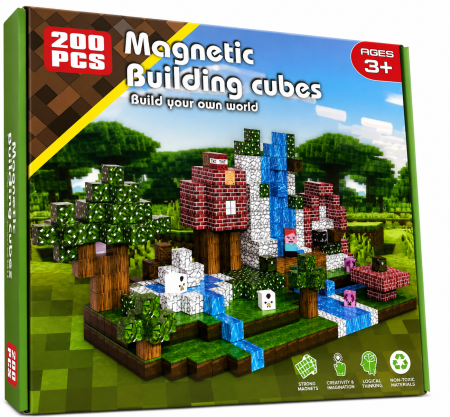 Cuburi de construit - lego - cuburi lemn - Cuburi Magnetice de Construcție Tip Minecraft – Set 200 Piese STEM pentru Copii