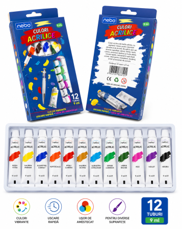 Accesorii de Scoala - Culori Acrilice, 9 ml, 12 Tuburi/Cutie, Nebo