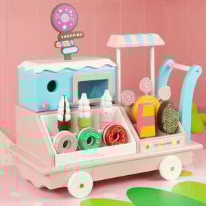 Bucatarii  de Jucarie(3 Ani+) - Carucior Inghetata si Gogosi de Lemn - Stand de lemn Ice cream - Donut