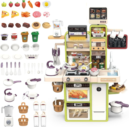 Bucatarii  de Jucarie(3 Ani+) - Set Bucatarie Interactiva pentru Copii cu Lumina, Sunet, Apa, Abur si Accesorii Verde