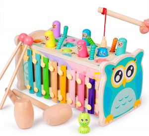 Jucarii muzicale - Joc din lemn Hamster cu ciocanel si Xilofon 4 in 1