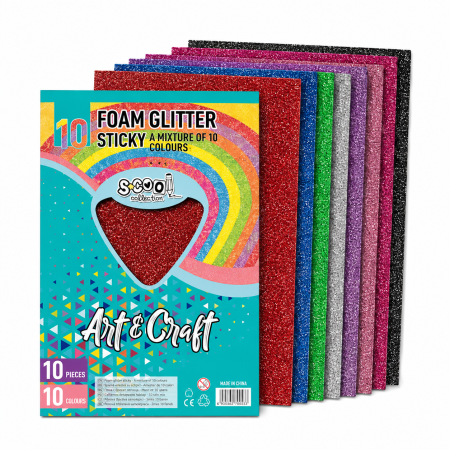 Accesorii de Scoala - Hartie Bureti Adeziva Glitter, 10 Culori, 20x30cm, S-Cool