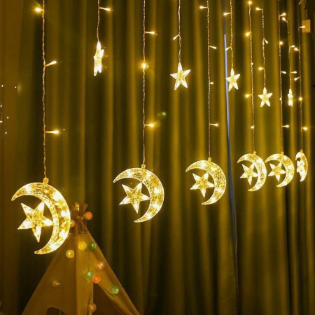 Articole Craciun - Instalație de Crăciun Luna și Stele tip perdea de 3 x 1 m cu lumină caldă