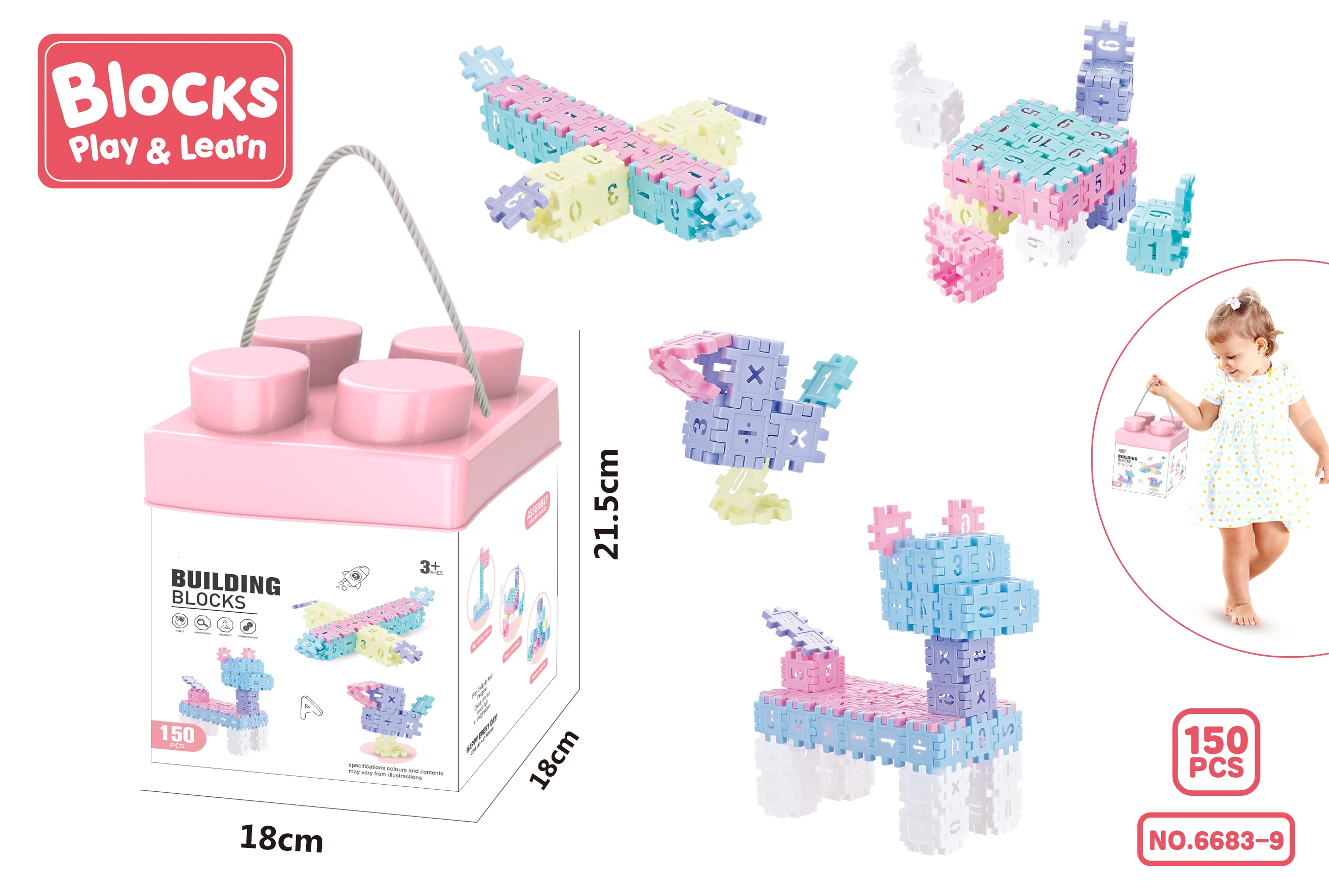 Cuburi de construit - lego - cuburi lemn - Joc de construit cu 140 Piese Roz