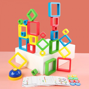 Jocuri creative (3 ani +) - Joc de Societate Stivuire din Lemn - Stacking Game Senzorial cu Forme Geometrice