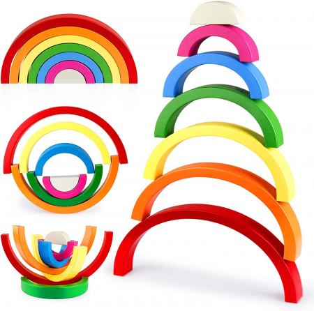 Jucarii din lemn si Montessori - Joc din Lemn Curcubeu - Rainbow Block 7 Piese