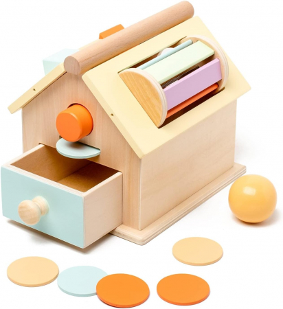 Jucarii din lemn si Montessori - Joc din lemn Montessori 4 in 1 Casuta cu activitatii