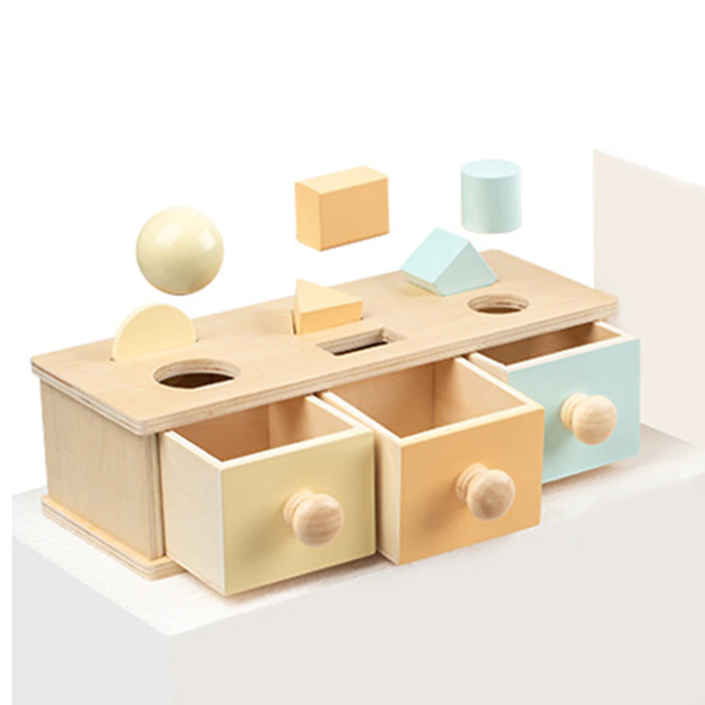 Jocuri educative (3 ani +) - Joc din Lemn Montessori Cutia cu Sertare Forme Geometrice Baniti si Bila