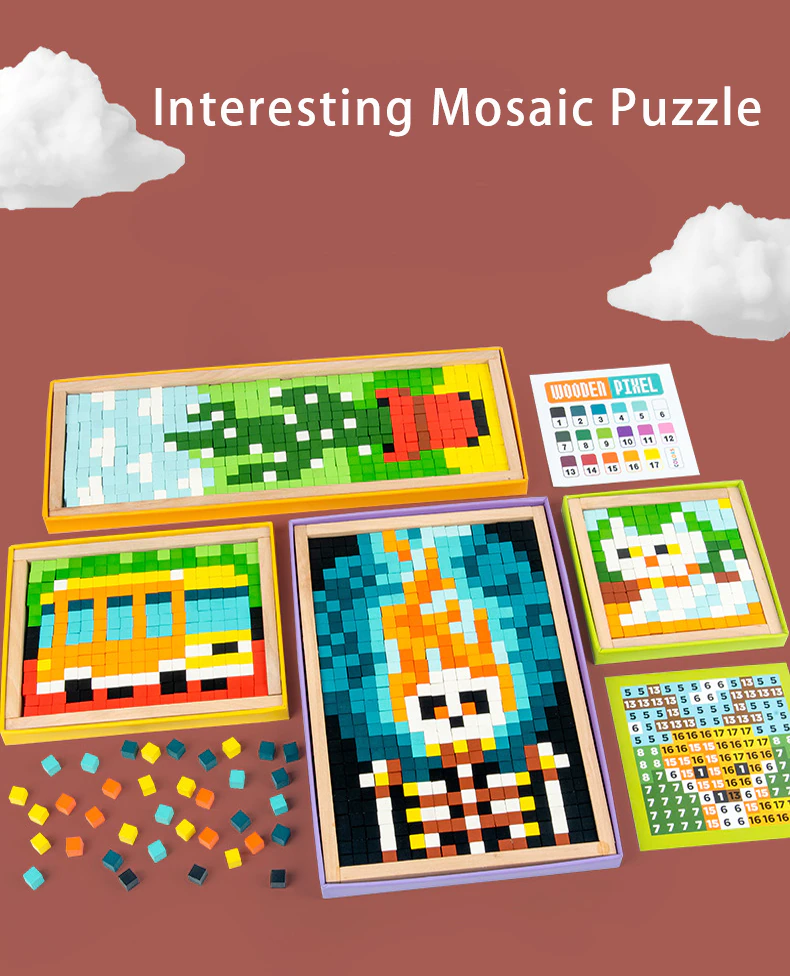 Joc din Lemn Montessori Puzzle Flori Pixel 3D [1]