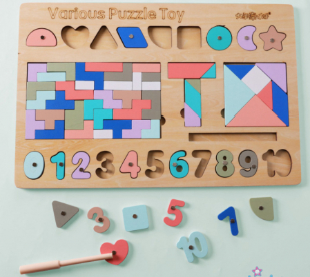 Table educative (3 ani +) - Joc din lemn Tetris si Tangram 5 in 1