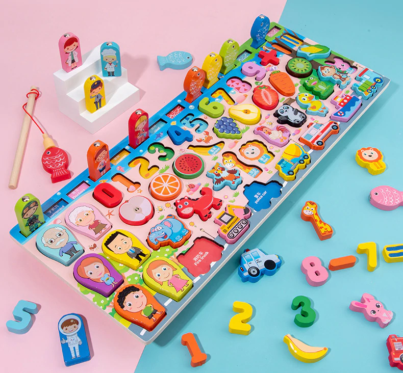 Table educative (3 ani +) - Joc din Lemn Educational Montessori 5 in 1 Puzzle Incastru