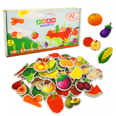 Jocuri educative (3 ani +) - Joc Educativ Set 48 de Piese Magnetice din Spume EVA Fructe si Legume